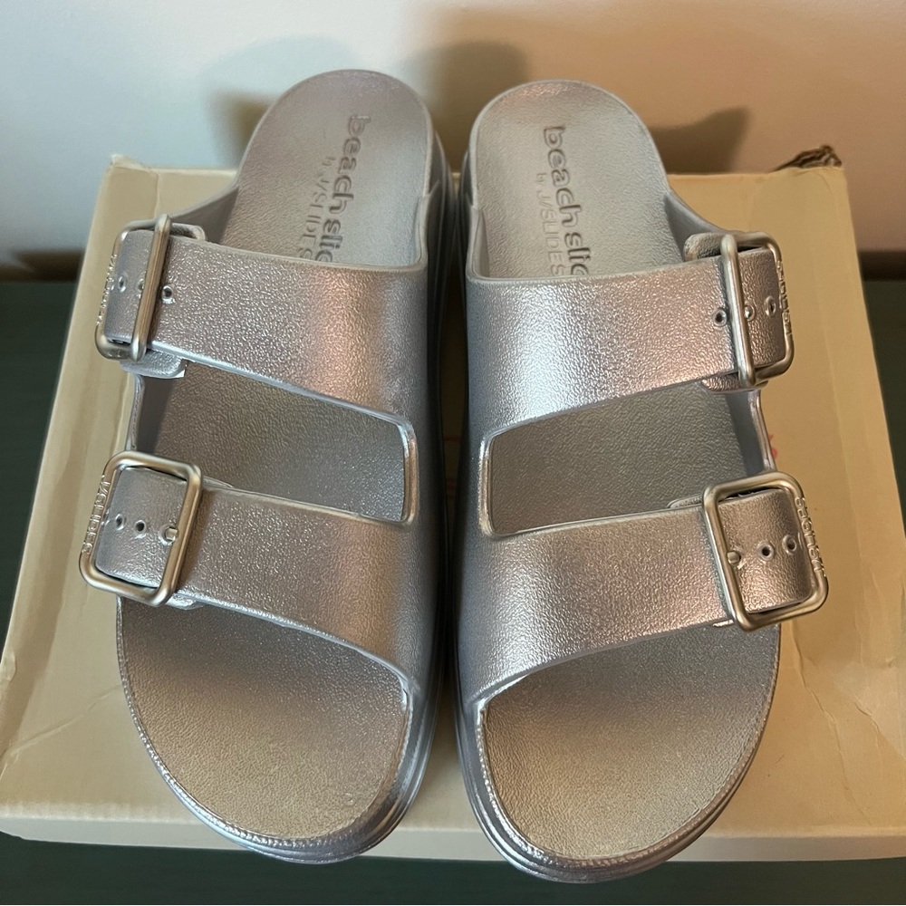JSlides Beach‎ Slides Silver Metallic Sandals Size 9